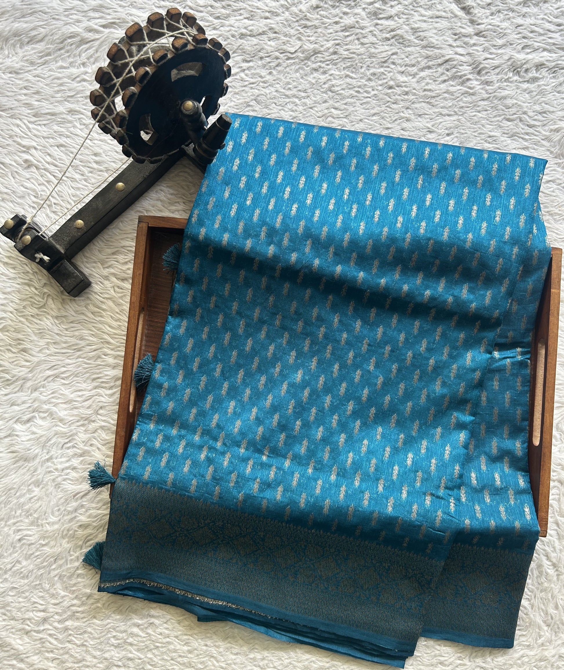 Semi Raw Silk Saree dark Blue Colored Elegantly paired with a Silver Zari Border. - Sampradaya Designer Studio