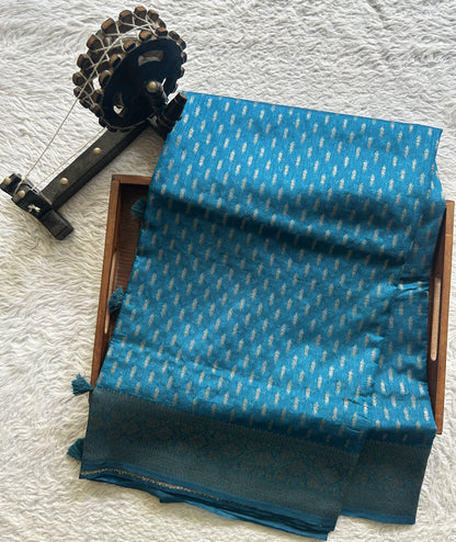 Semi Raw Silk Saree dark Blue Colored Elegantly paired with a Silver Zari Border. - Sampradaya Designer Studio