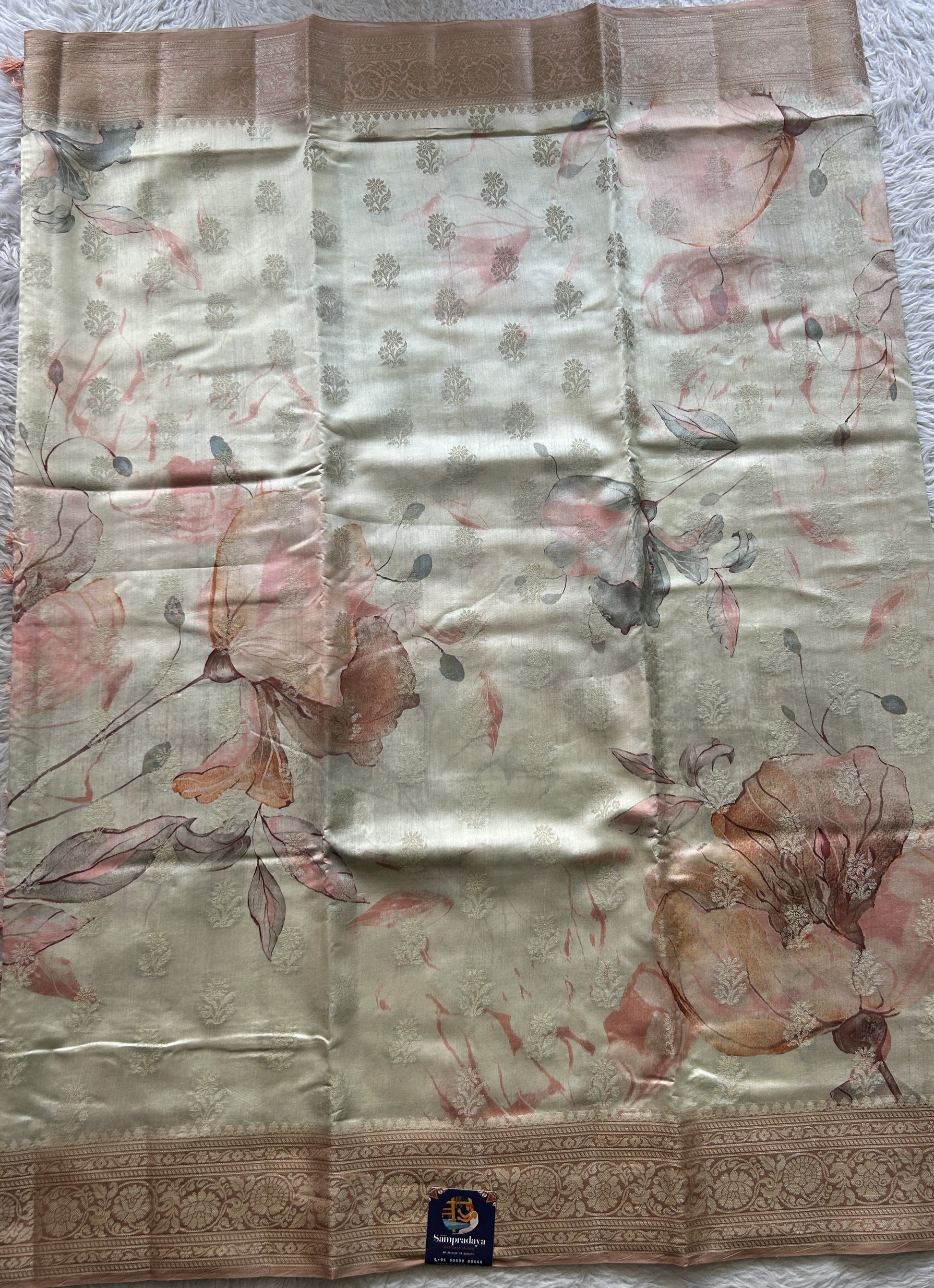 Chiniya Silk Saree Off White Colored Elegantly Paired with a Zari Border. - Sampradaya Designer Studio