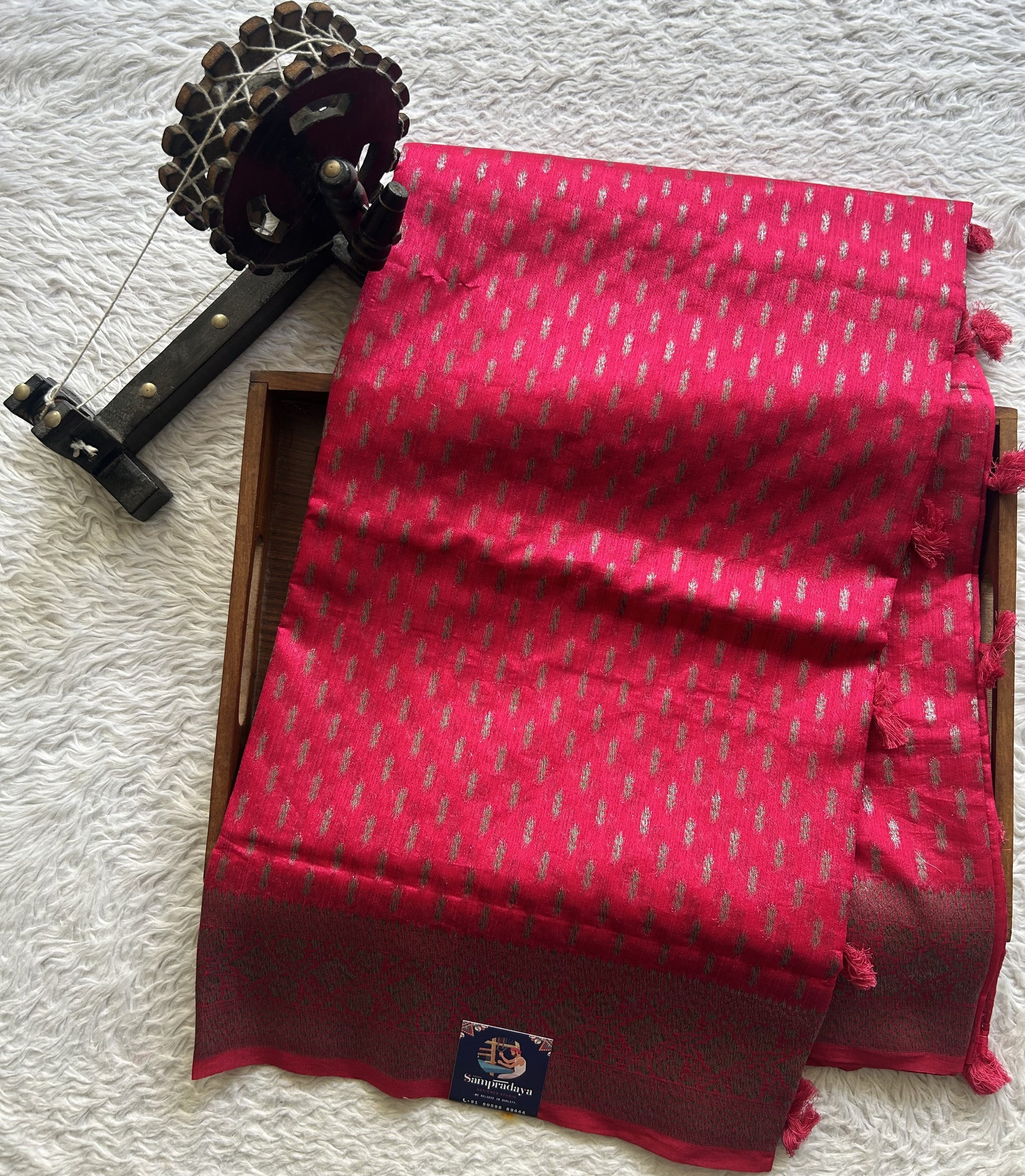 Semi Raw Silk Saree Pink Colored Elegantly paired with a Silver Zari Border. - Sampradaya Designer Studio