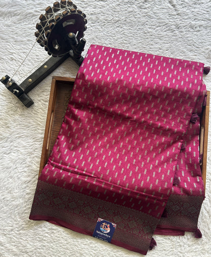 Semi Raw Silk Saree Blush Pink Colored Elegantly paired with a Silver Zari Border. - Sampradaya Designer Studio