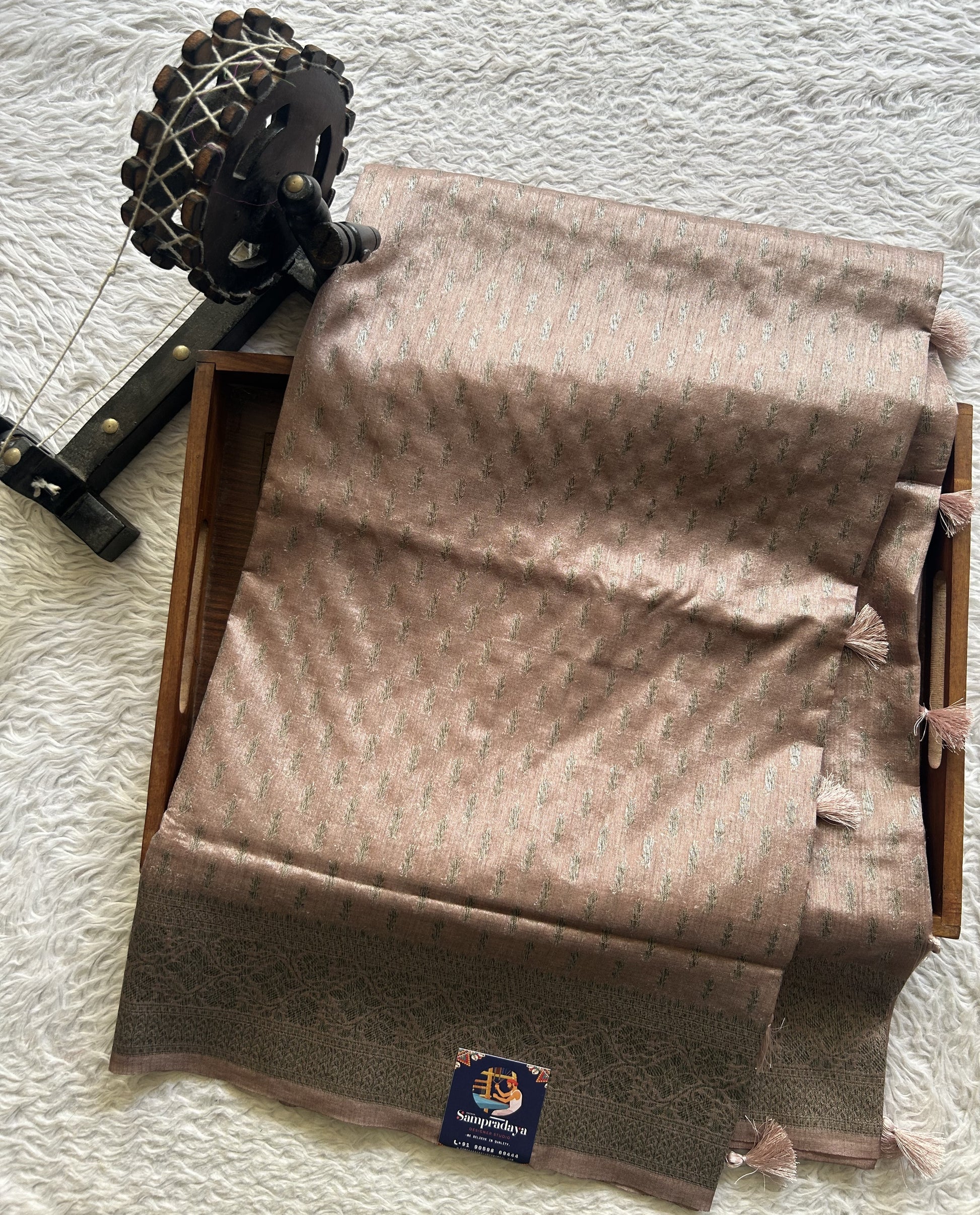 Semi Raw Silk Saree Beige Colored Elegantly paired with a Silver Zari Border. - Sampradaya Designer Studio