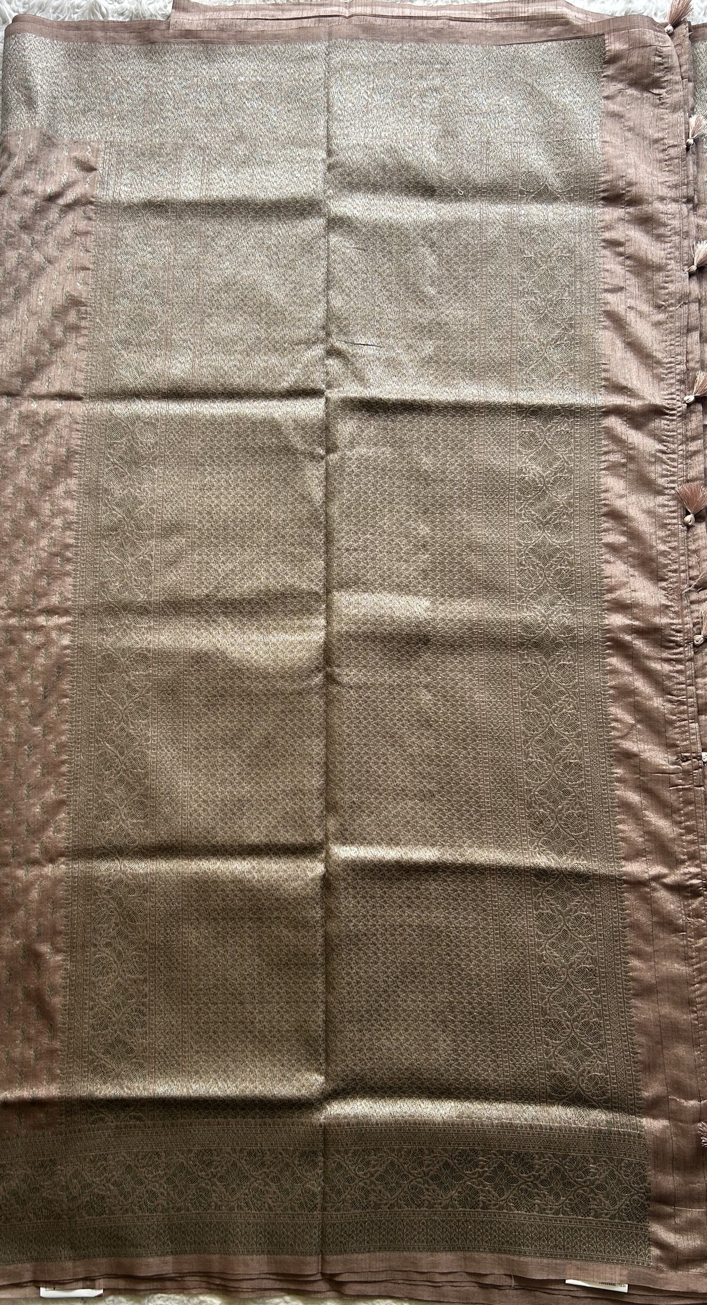 Semi Raw Silk Saree Beige Colored Elegantly paired with a Silver Zari Border. - Sampradaya Designer Studio