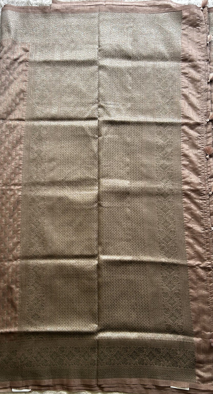 Semi Raw Silk Saree Beige Colored Elegantly paired with a Silver Zari Border. - Sampradaya Designer Studio