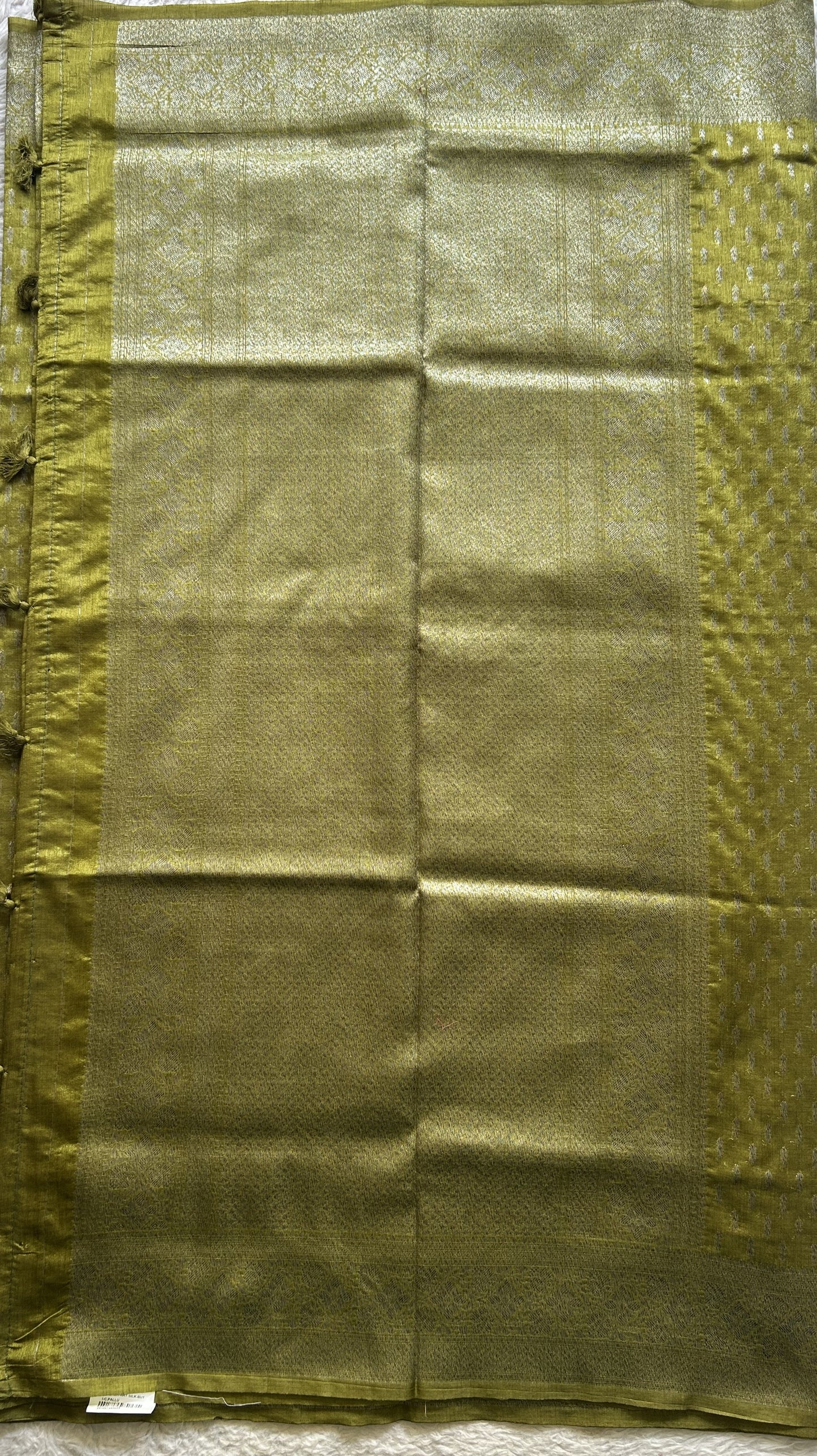 Semi Raw Silk Saree Mustard Colored Elegantly paired with a Silver Zari Border. - Sampradaya Designer Studio