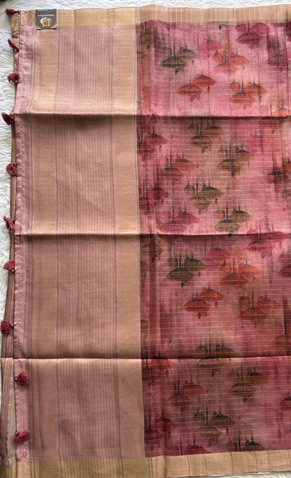 Semi Tussar Saree Onion Pink Colored complemented with a Zari Border. - Sampradaya Designer Studio