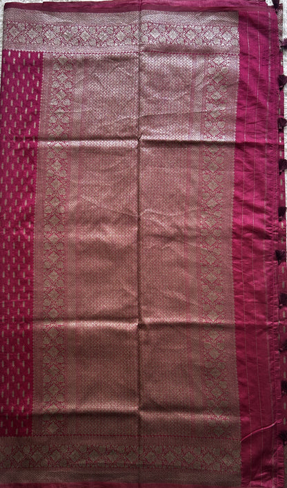 Semi Raw Silk Saree Blush Pink Colored Elegantly paired with a Silver Zari Border. - Sampradaya Designer Studio