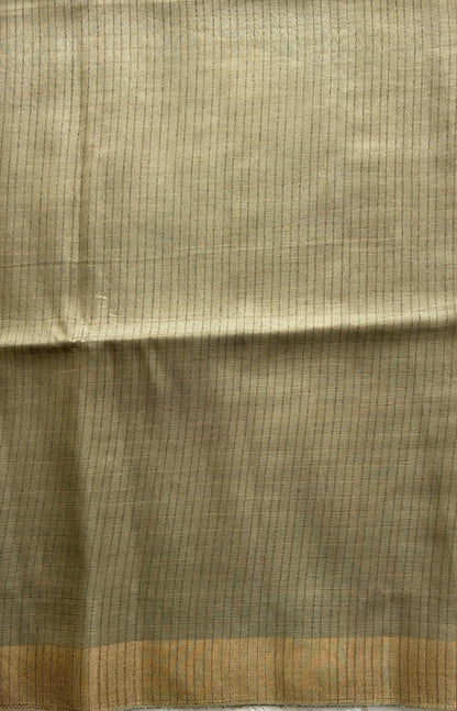 Semi Tussar Saree Olive Green Colored complemented with a Zari Border. - Sampradaya Designer Studio