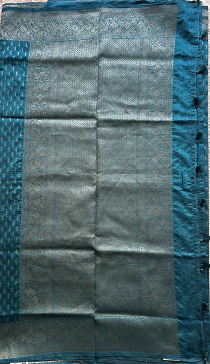 Semi Raw Silk Saree dark Blue Colored Elegantly paired with a Silver Zari Border. - Sampradaya Designer Studio
