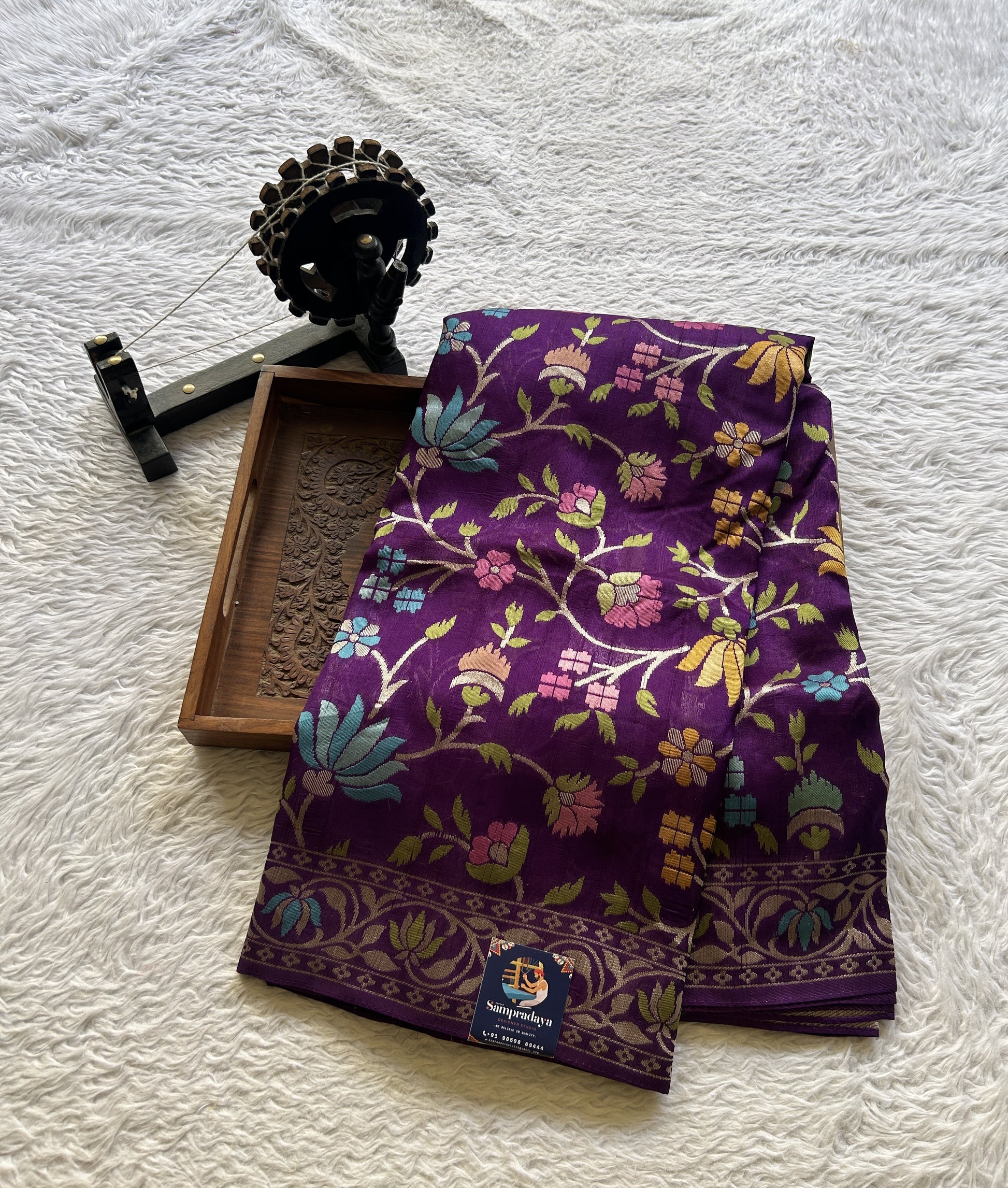 Banarasi Tussar Georgette Allover Saree Deep Violet Colored Paired with a Zari Border. - Sampradaya Designer Studio