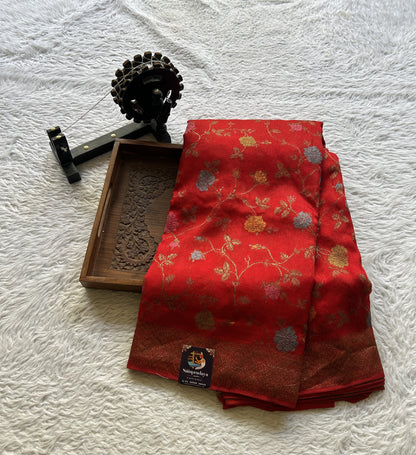 Banarasi Tussar Georgette Allover Saree Red Colored Paired with a Zari Border. - Sampradaya Designer Studio