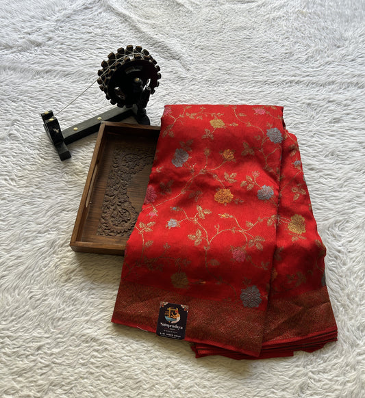 Banarasi Tussar Georgette Allover Saree Red Colored Paired with a Zari Border. - Sampradaya Designer Studio