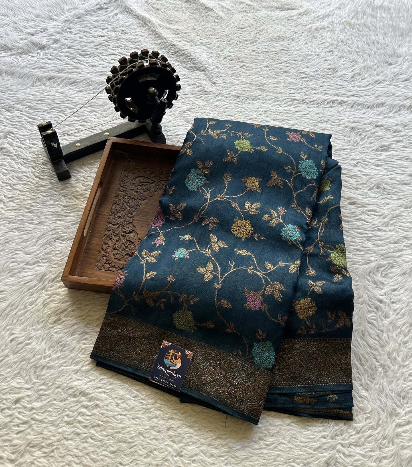 Banarasi Tussar Georgette Allover Saree Peacock Blue Colored Paired with a Zari Border. - Sampradaya Designer Studio