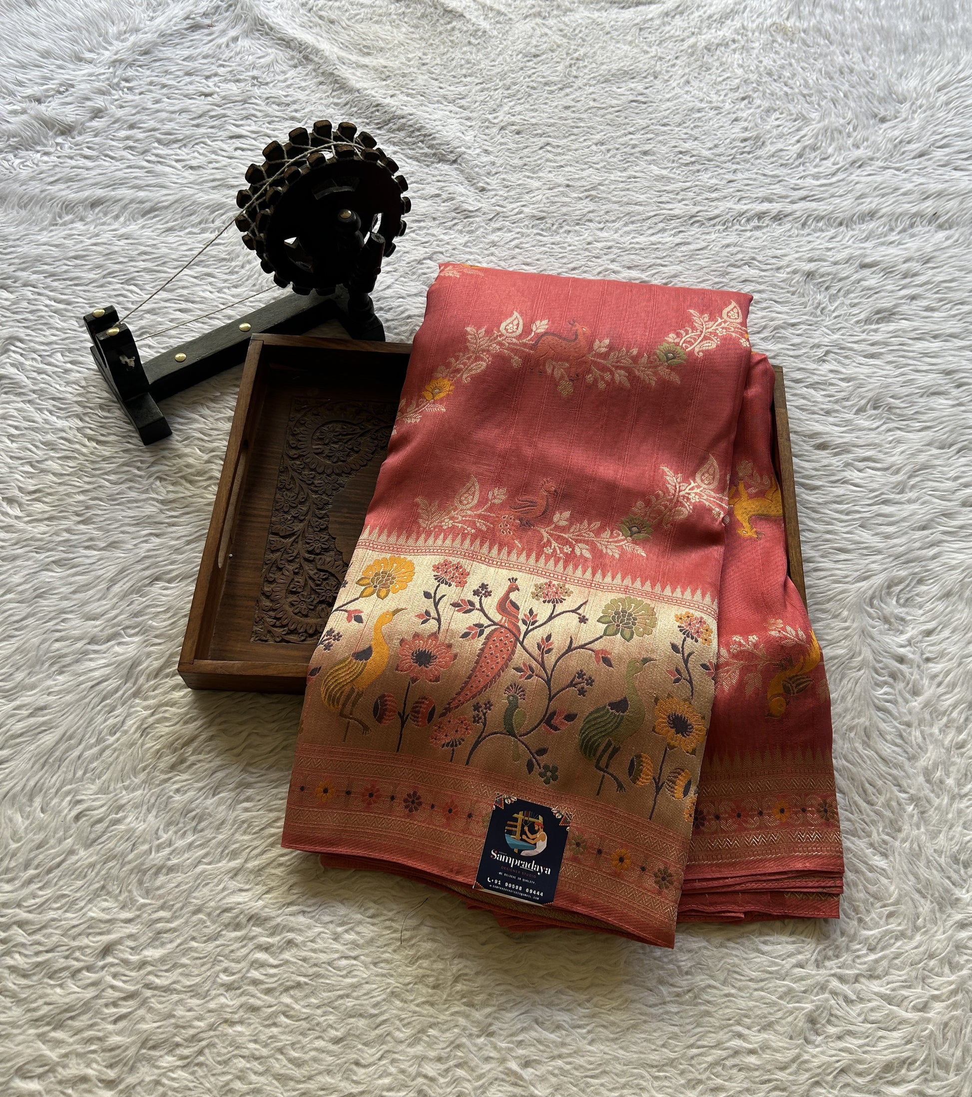 Banarasi Tussar Georgette Allover Saree Peach Colored Paired with a Zari Border. - Sampradaya Designer Studio