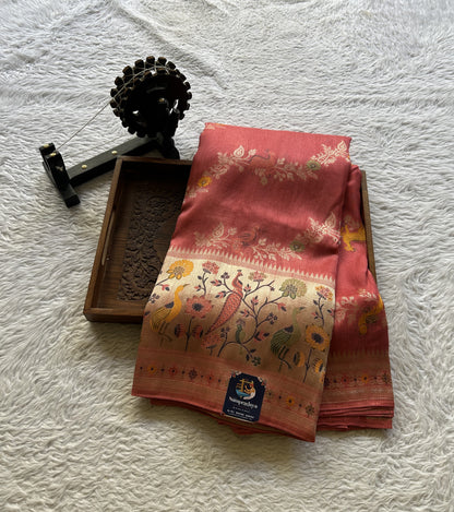 Banarasi Tussar Georgette Allover Saree Peach Colored Paired with a Zari Border. - Sampradaya Designer Studio