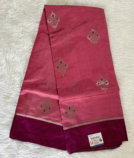 Chanderi Pattu Saree Strawberry Pink colored saree complemented with a Castro Color Plain border - Sampradaya Designer Studio