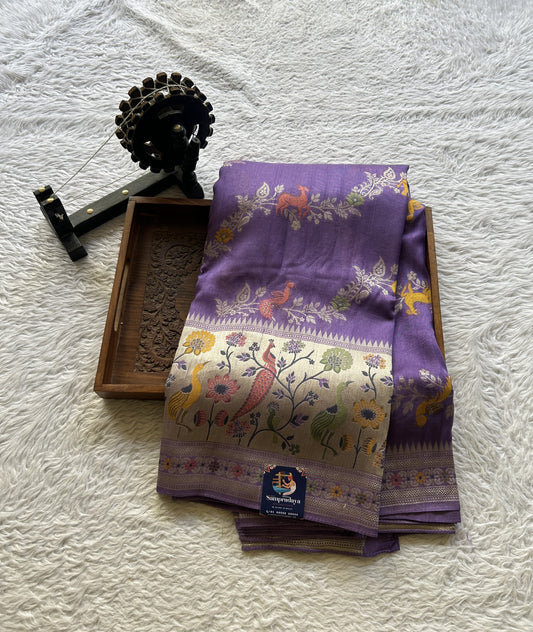 Banarasi Tussar Georgette Allover Saree Lilac Colored Paired with a Zari Border. - Sampradaya Designer Studio