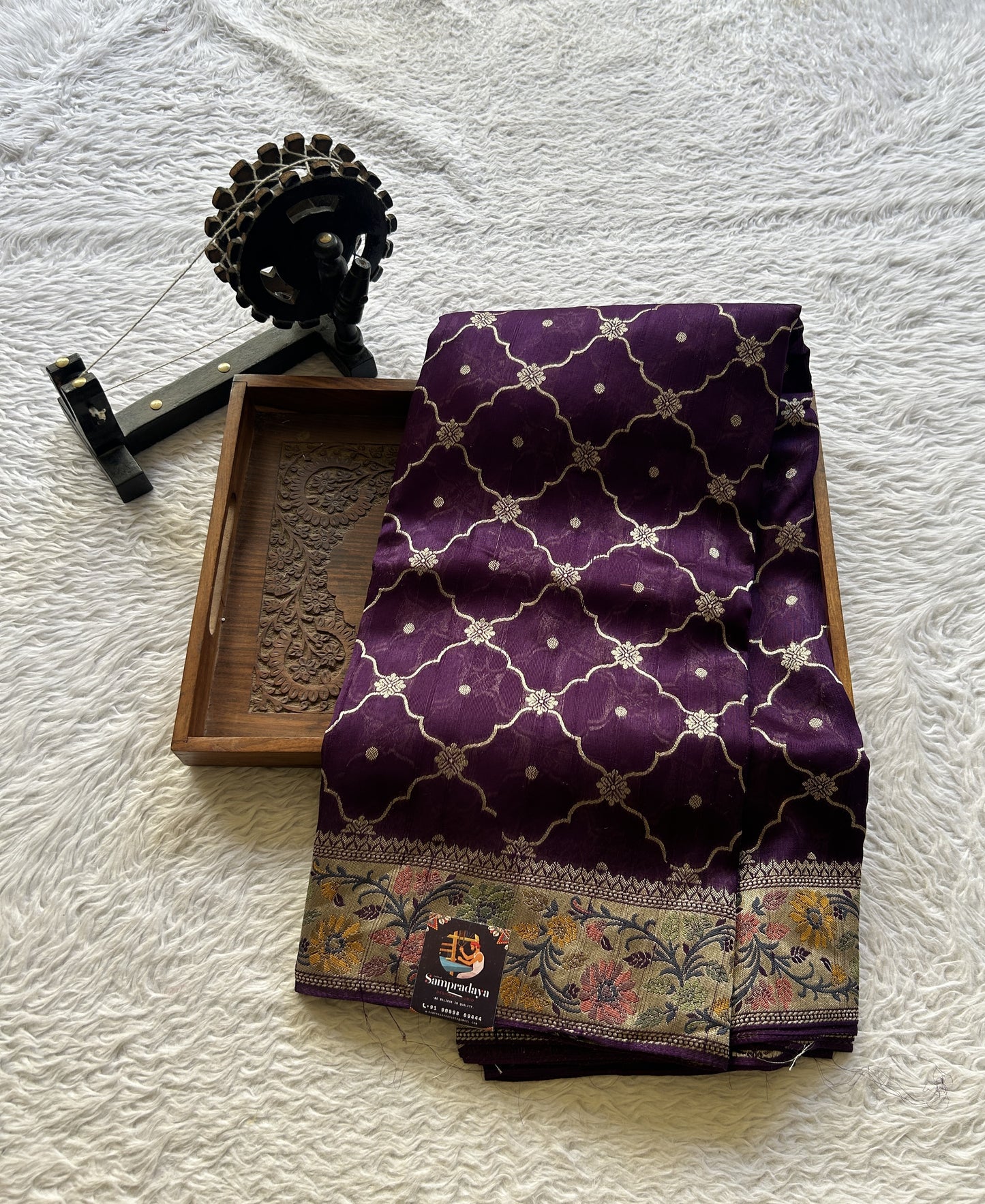 Banarasi Tussar Georgette Allover Saree Dark Purple Colored Paired with a Zari Border. - Sampradaya Designer Studio