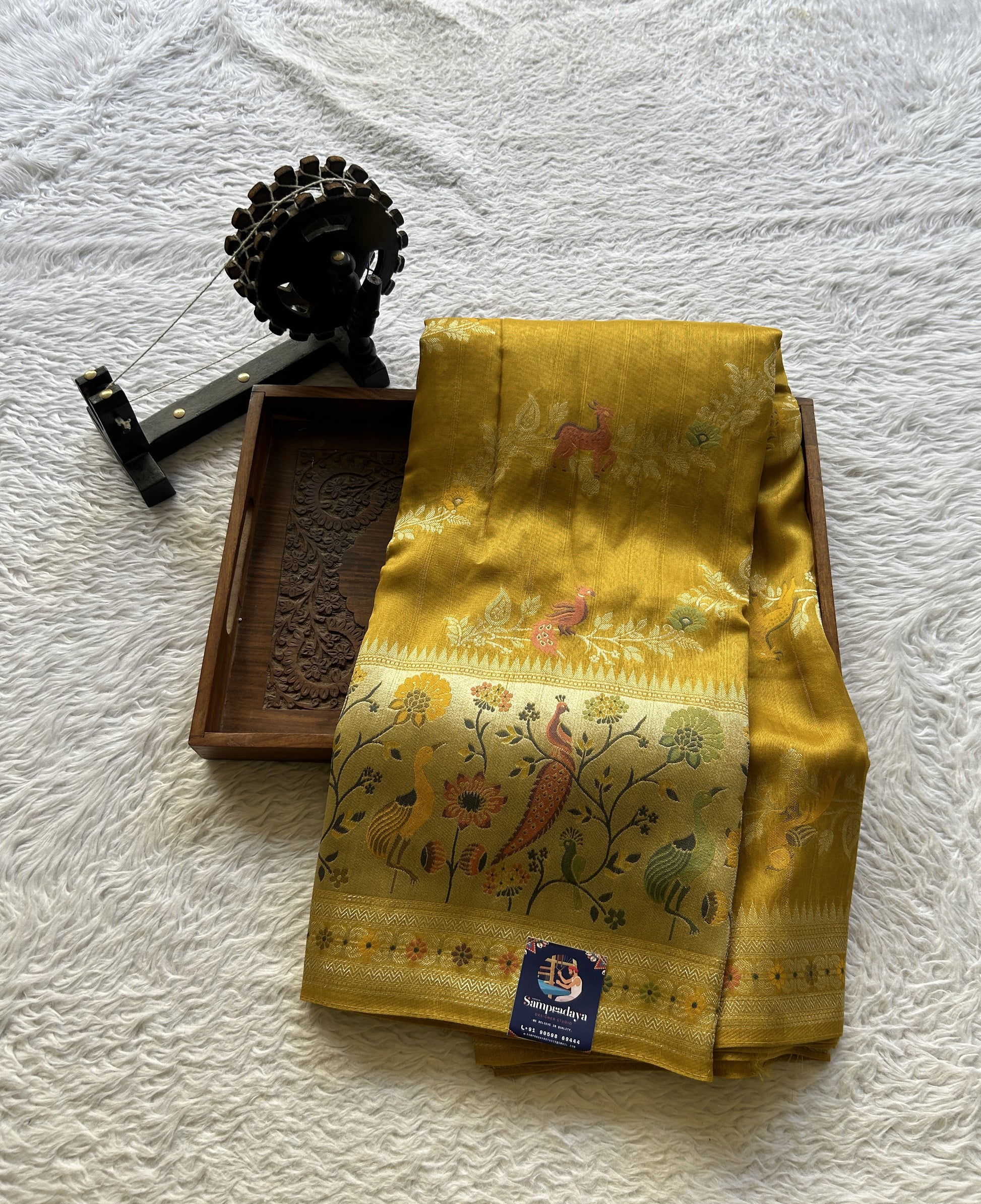 Banarasi Tussar Georgette Allover Saree Mustard Colored Paired with a Zari Border. - Sampradaya Designer Studio