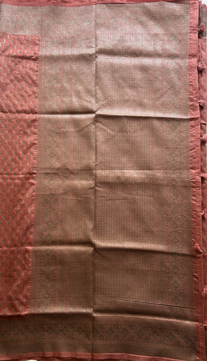 Semi Raw Silk Saree Baby Pink Colored Elegantly paired with a Silver Zari Border. - Sampradaya Designer Studio