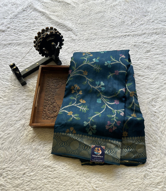 Banarasi Tussar Georgette Allover Saree Peacock Blue Colored Exquisite Zari Border. - Sampradaya Designer Studio