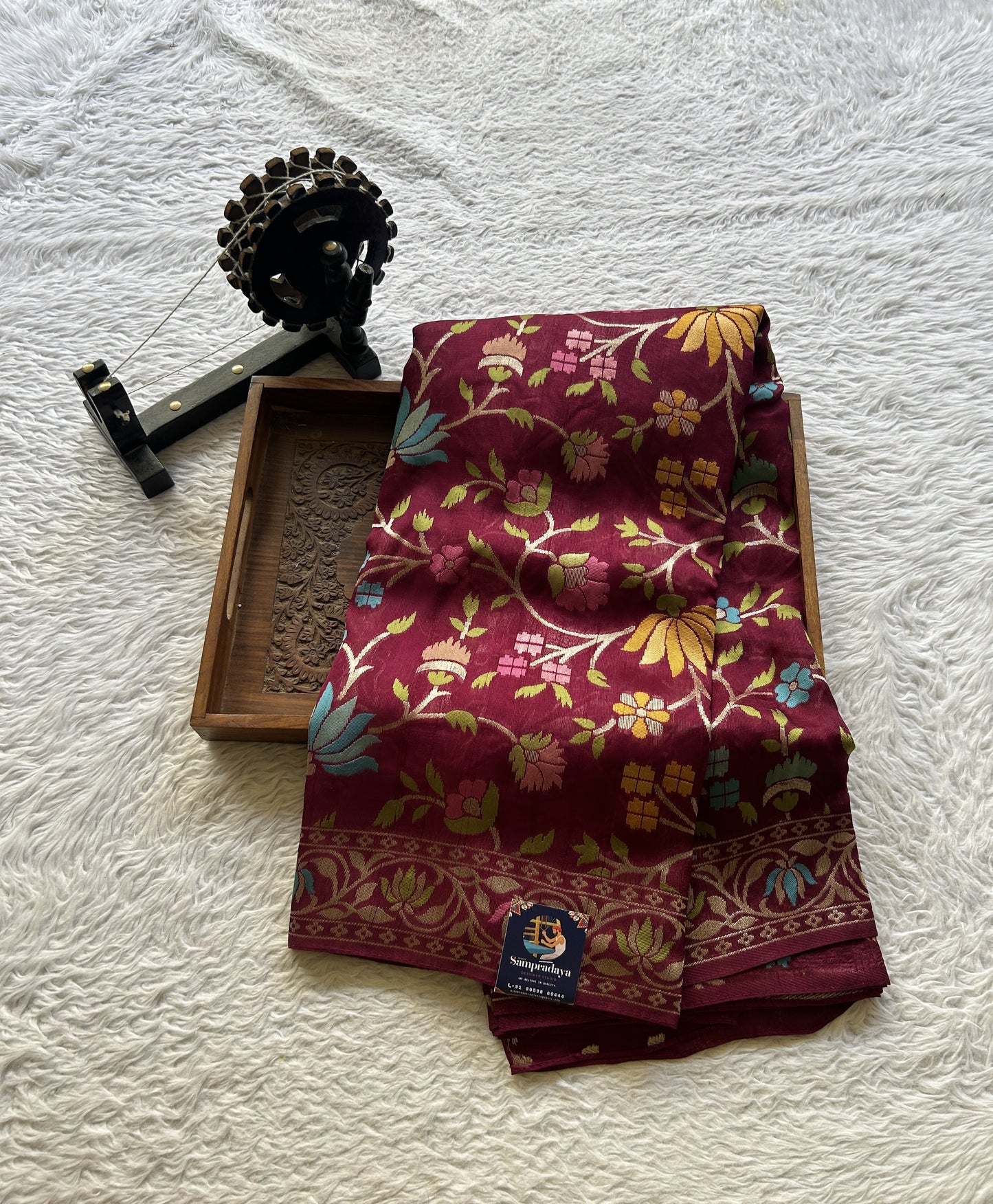 Banarasi Tussar Georgette Allover Saree Burgundy Colored Exquisite Zari Border. - Sampradaya Designer Studio