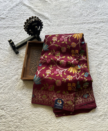 Banarasi Tussar Georgette Allover Saree Burgundy Colored Exquisite Zari Border. - Sampradaya Designer Studio