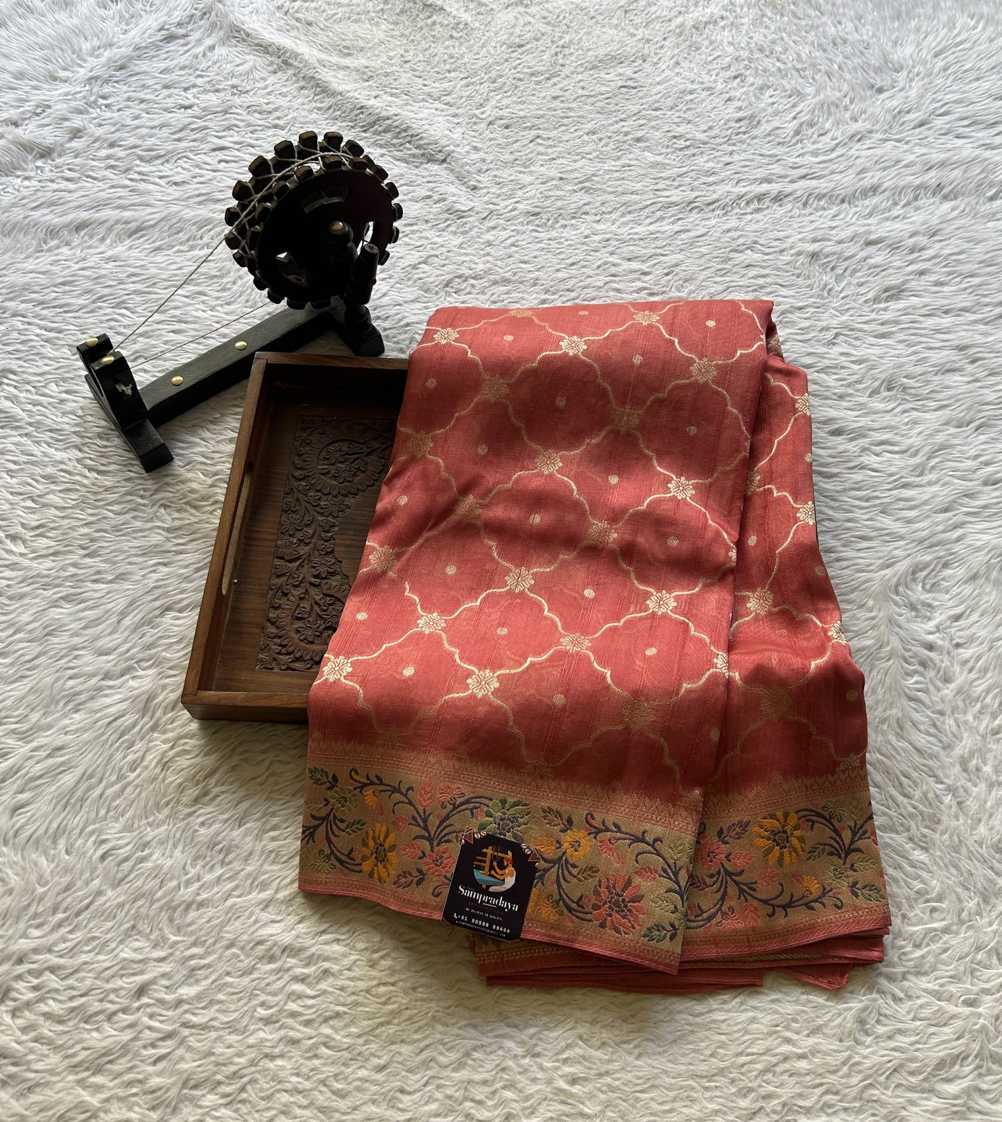 Banarasi Tussar Georgette Allover Saree Dark Peach Colored Exquisite Zari Border. - Sampradaya Designer Studio