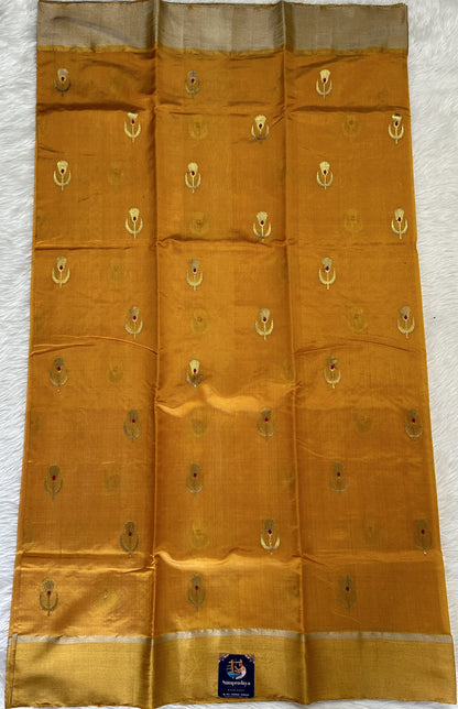 Chanderi Pattu Saree Mango Yellow colored saree complemented with a Gold Zari Weaving  Plain border - Sampradaya Designer Studio