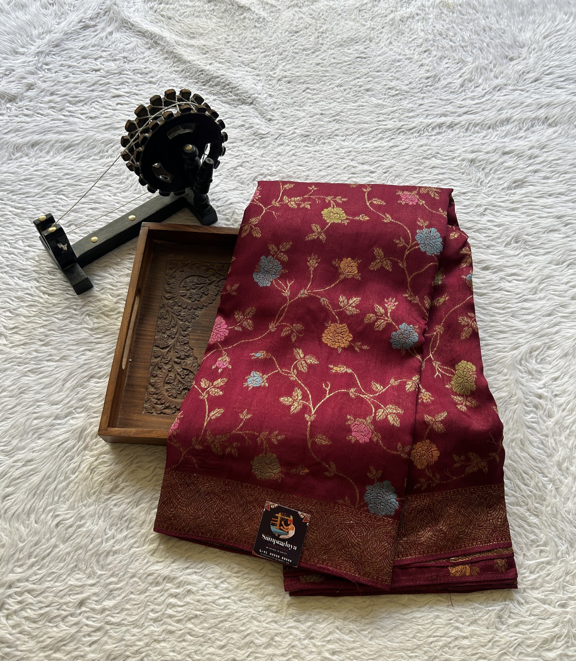 Banarasi Tussar Georgette Allover Saree Wine Colored Exquisite Zari Border. - Sampradaya Designer Studio