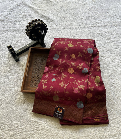 Banarasi Tussar Georgette Allover Saree Wine Colored Exquisite Zari Border. - Sampradaya Designer Studio