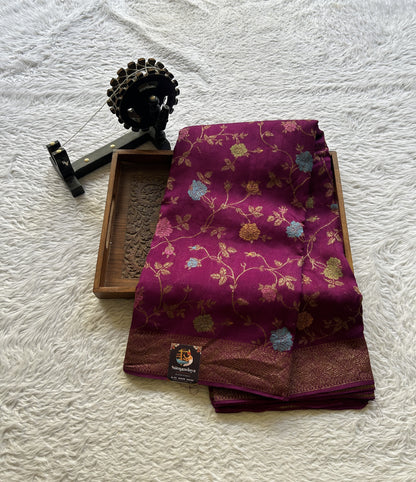 Banarasi Tussar Georgette Allover Saree Magenta Colored Exquisite Zari Border. - Sampradaya Designer Studio