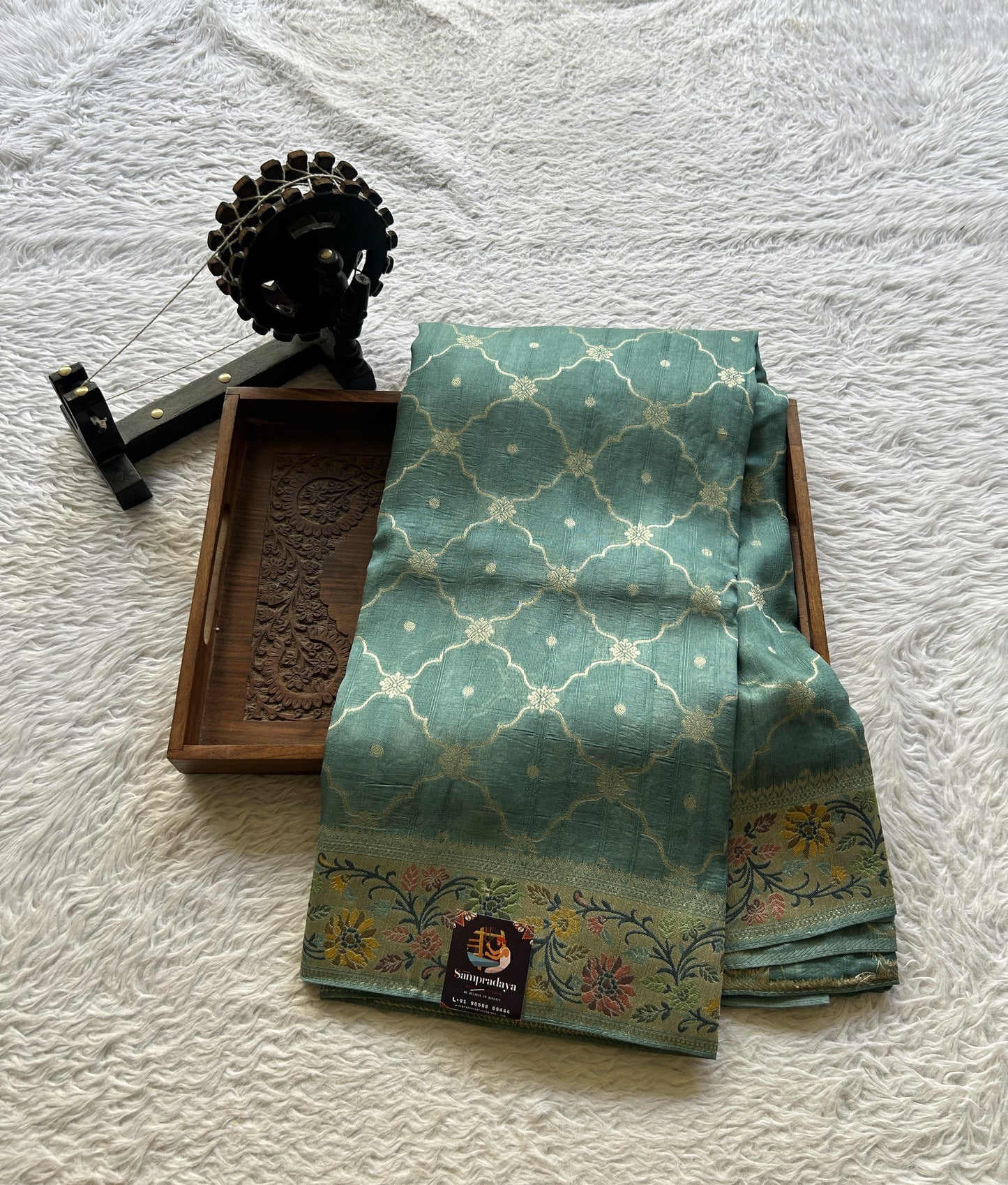 Banarasi Tussar Georgette Allover Saree Dusty Blue Colored Exquisite Zari Border. - Sampradaya Designer Studio