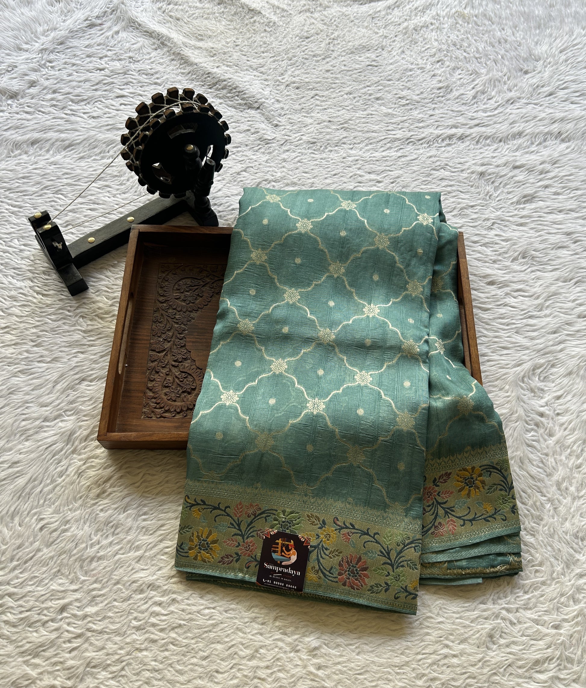 Banarasi Tussar Georgette Allover Saree Dusty Blue Colored Exquisite Zari Border. - Sampradaya Designer Studio