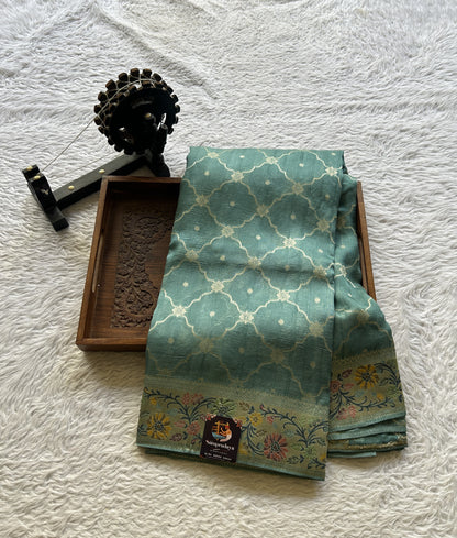 Banarasi Tussar Georgette Allover Saree Dusty Blue Colored Exquisite Zari Border. - Sampradaya Designer Studio