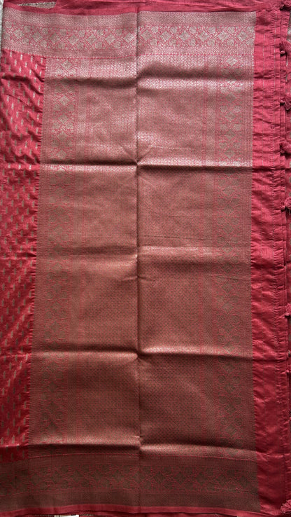 Semi Raw Silk Saree Dark Peach Colored Elegantly paired with a Silver Zari Border. - Sampradaya Designer Studio