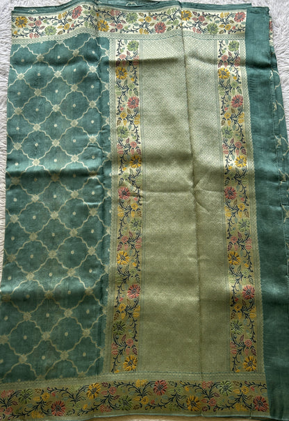 Banarasi Tussar Georgette Allover Saree Dusty Blue Colored Exquisite Zari Border. - Sampradaya Designer Studio