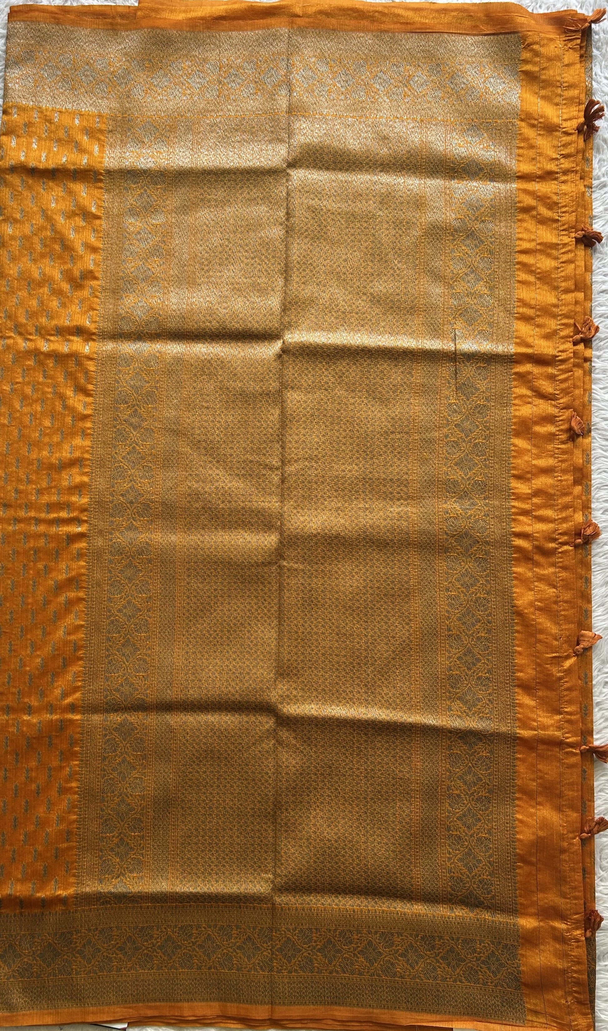 Semi Raw Silk Saree  Yellow Colored Elegantly paired with a Silver Zari Border. - Sampradaya Designer Studio