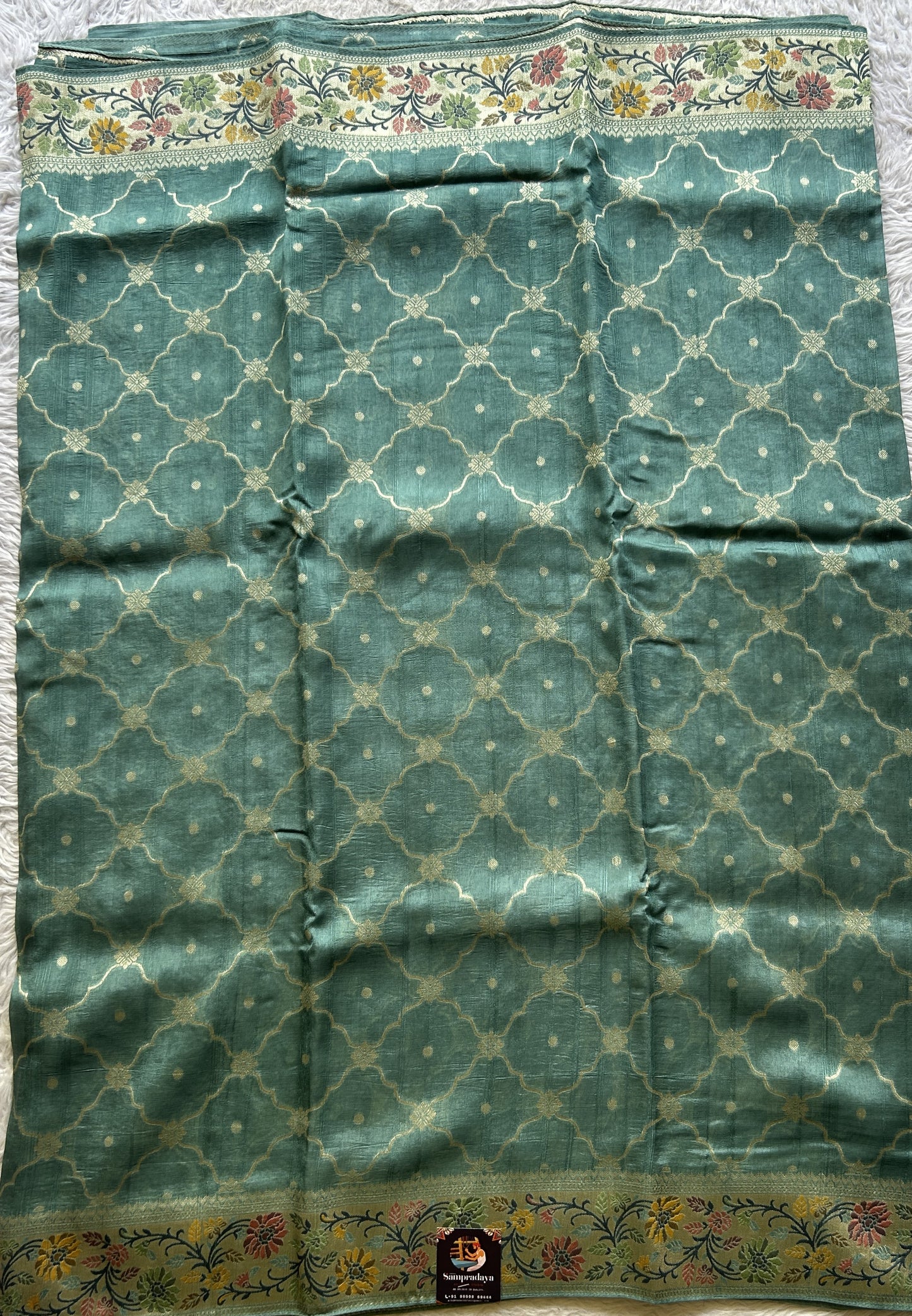 Banarasi Tussar Georgette Allover Saree Dusty Blue Colored Exquisite Zari Border. - Sampradaya Designer Studio