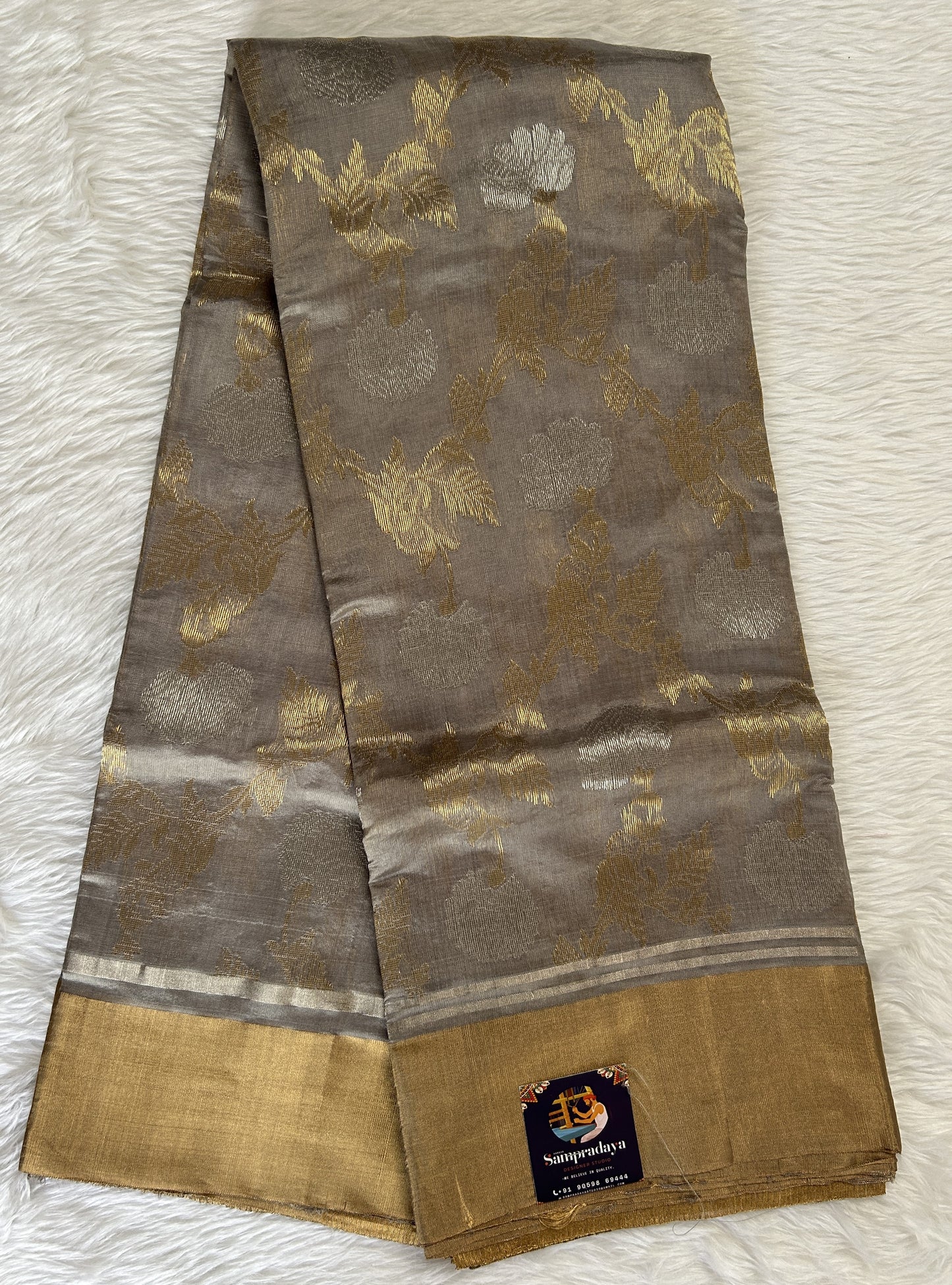 Chanderi Pattu Saree Light Grey colored saree complemented with a Gold Zari Weaving border - Sampradaya Designer Studio
