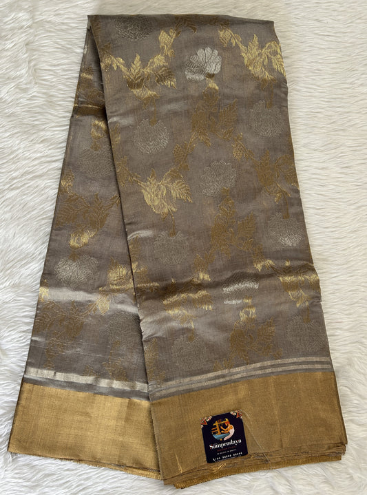 Chanderi Pattu Saree Light Grey colored saree complemented with a Gold Zari Weaving border - Sampradaya Designer Studio