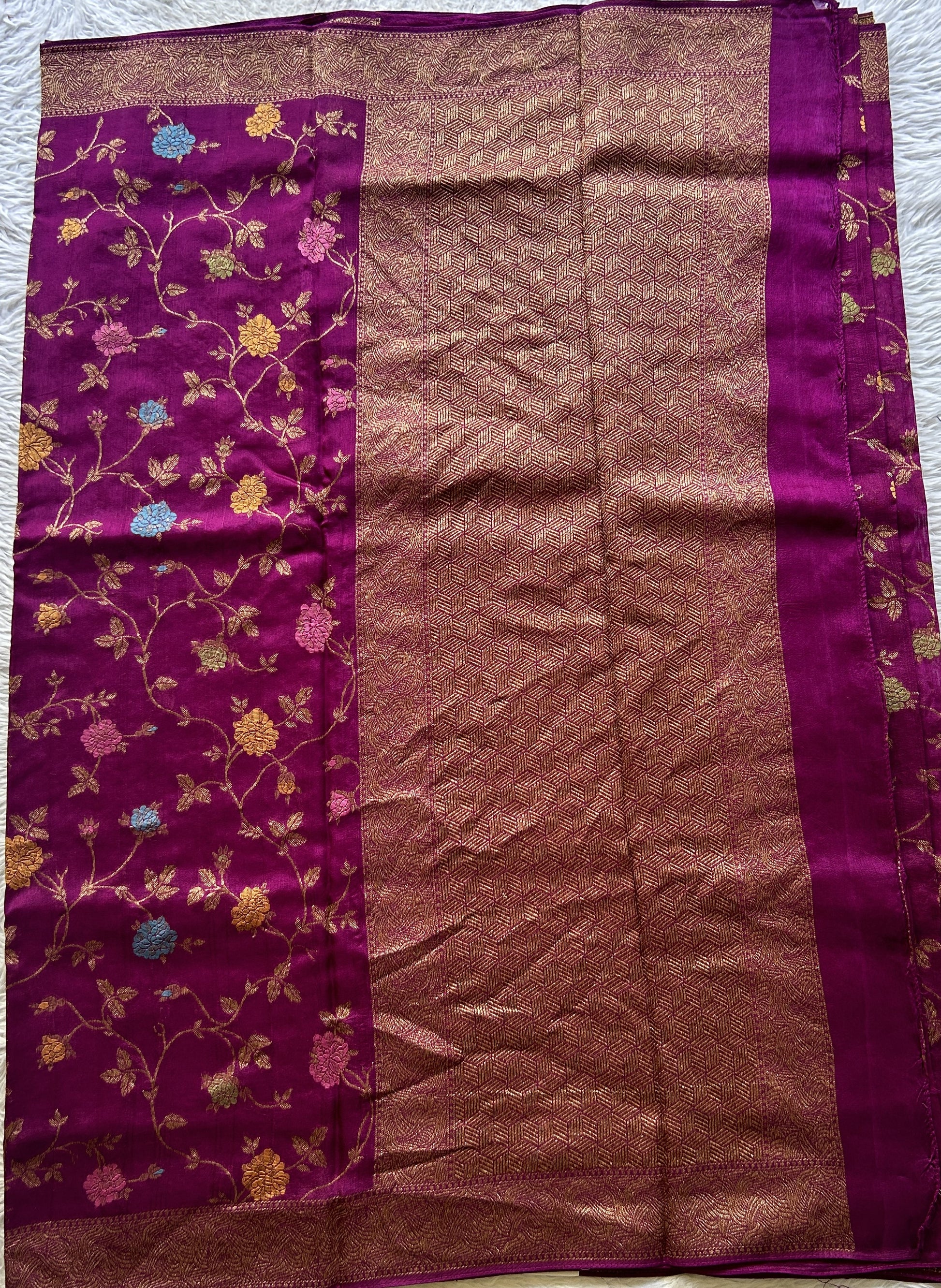 Banarasi Tussar Georgette Allover Saree Magenta Colored Exquisite Zari Border. - Sampradaya Designer Studio