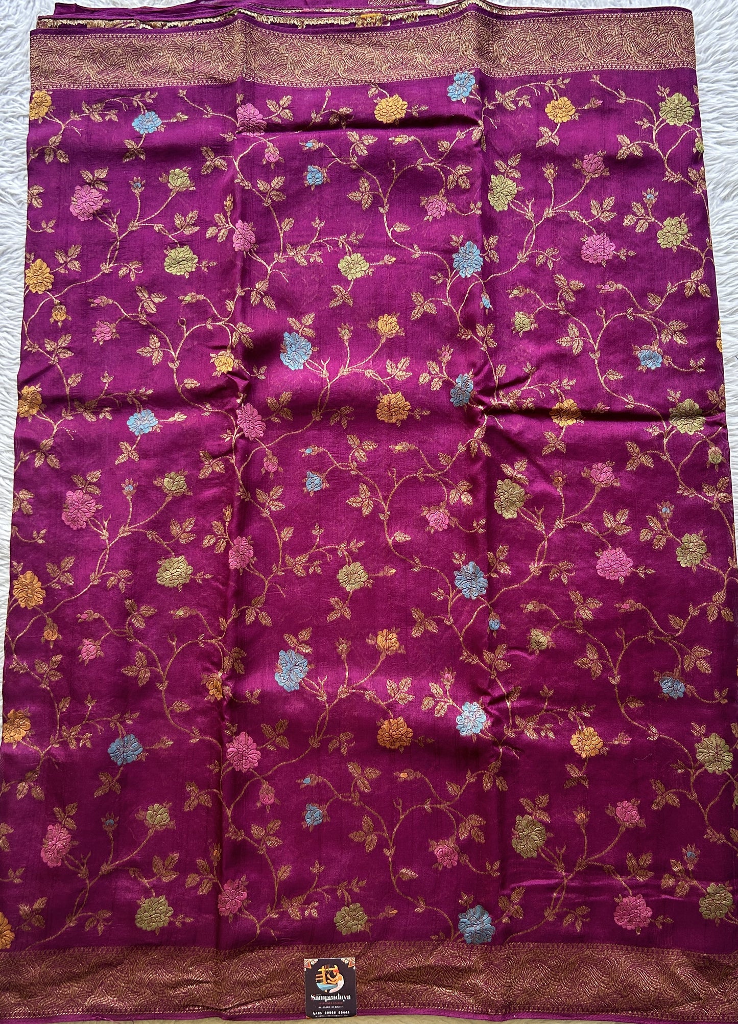 Banarasi Tussar Georgette Allover Saree Magenta Colored Exquisite Zari Border. - Sampradaya Designer Studio