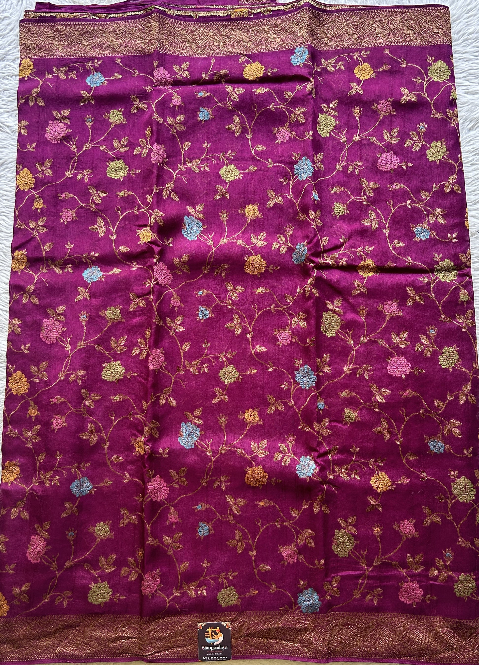 Banarasi Tussar Georgette Allover Saree Magenta Colored Exquisite Zari Border. - Sampradaya Designer Studio