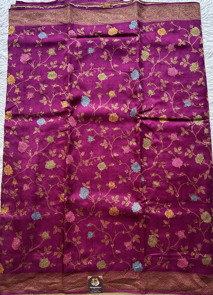 Banarasi Tussar Georgette Allover Saree Magenta Colored Exquisite Zari Border. - Sampradaya Designer Studio