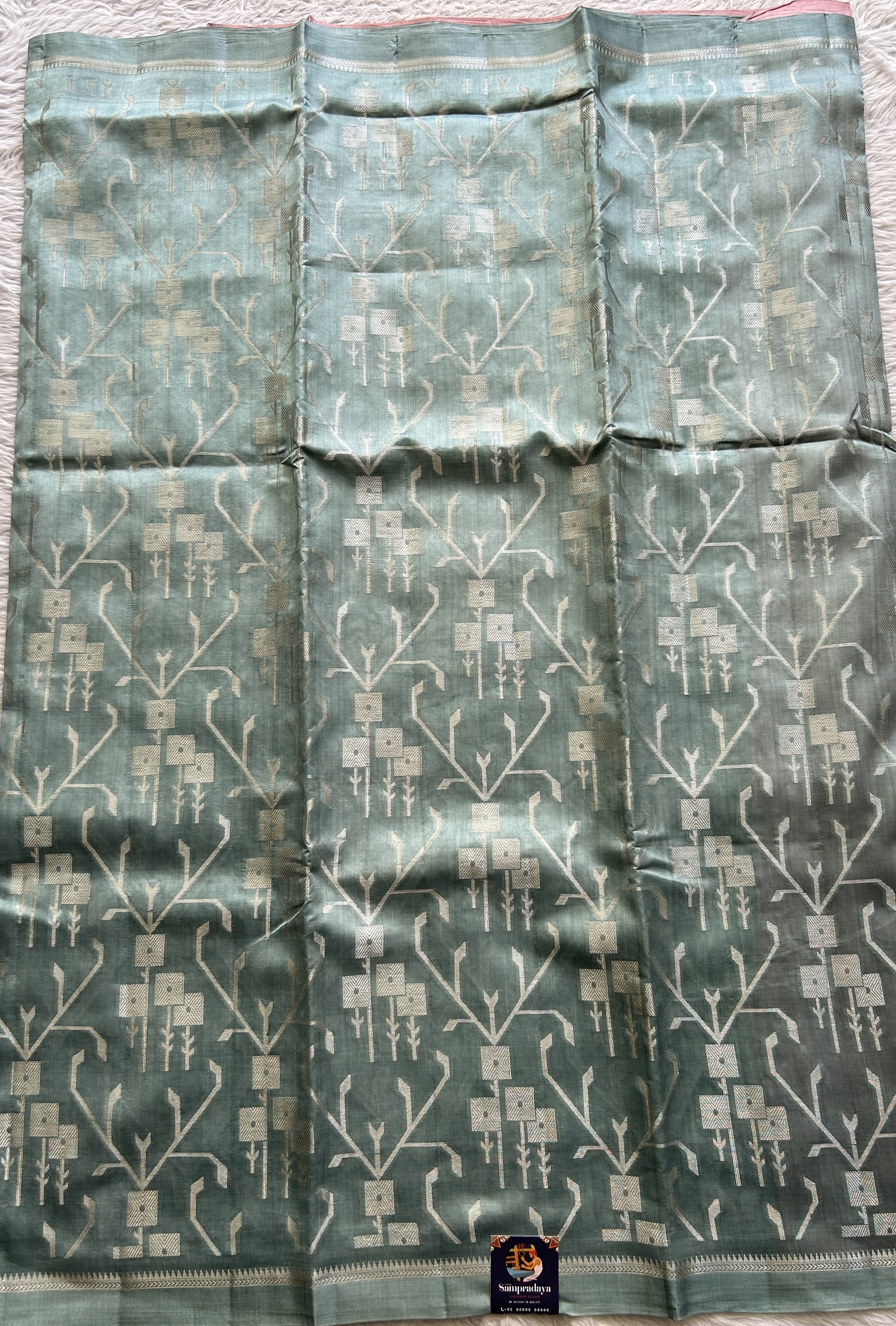 Dupion Silk Saree Sea Blue Colored Complemented with a Plain Border. - Sampradaya Designer Studio