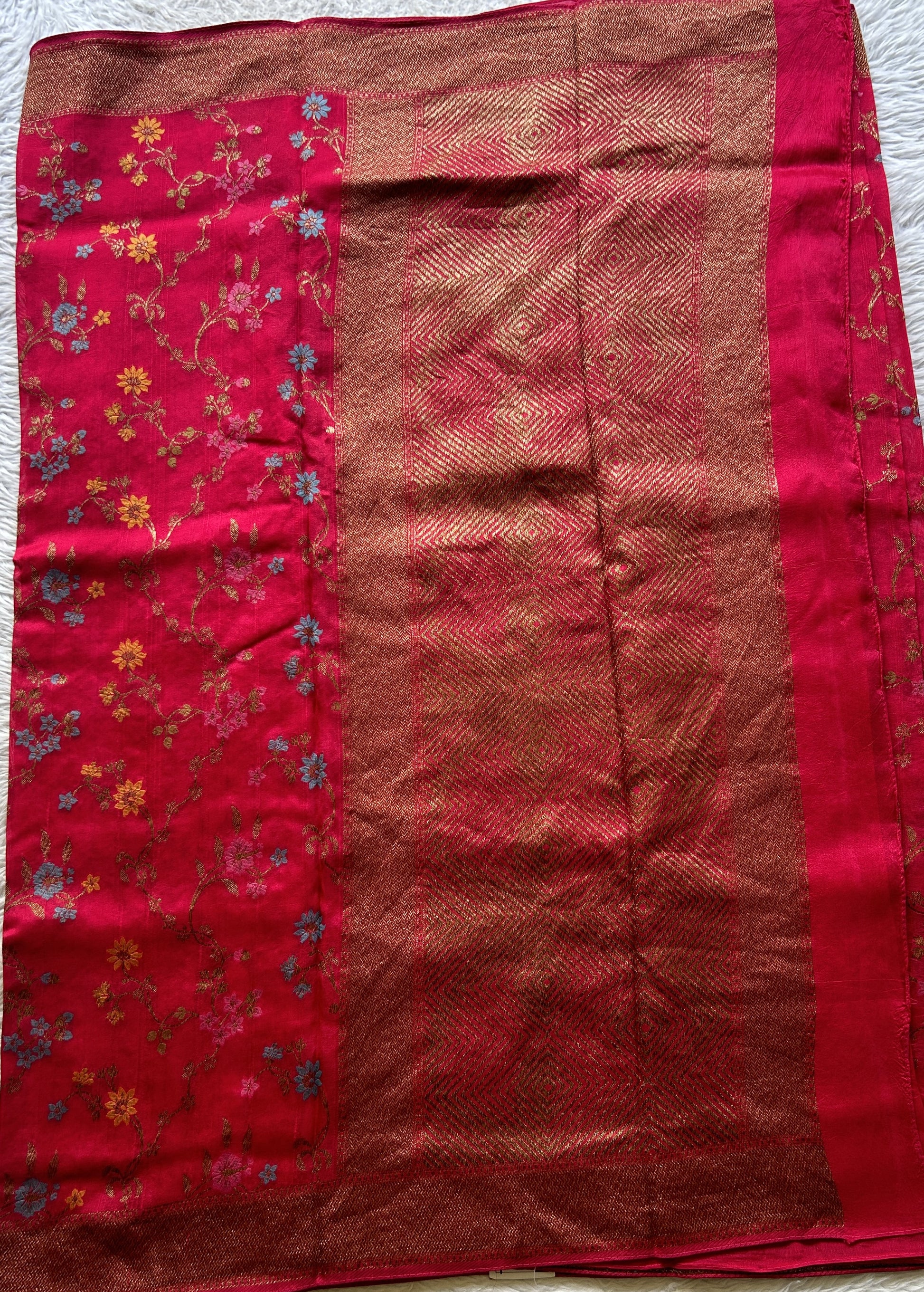 Banarasi Tussar Georgette Allover Saree Hot Pink Colored Exquisite Zari Border. - Sampradaya Designer Studio