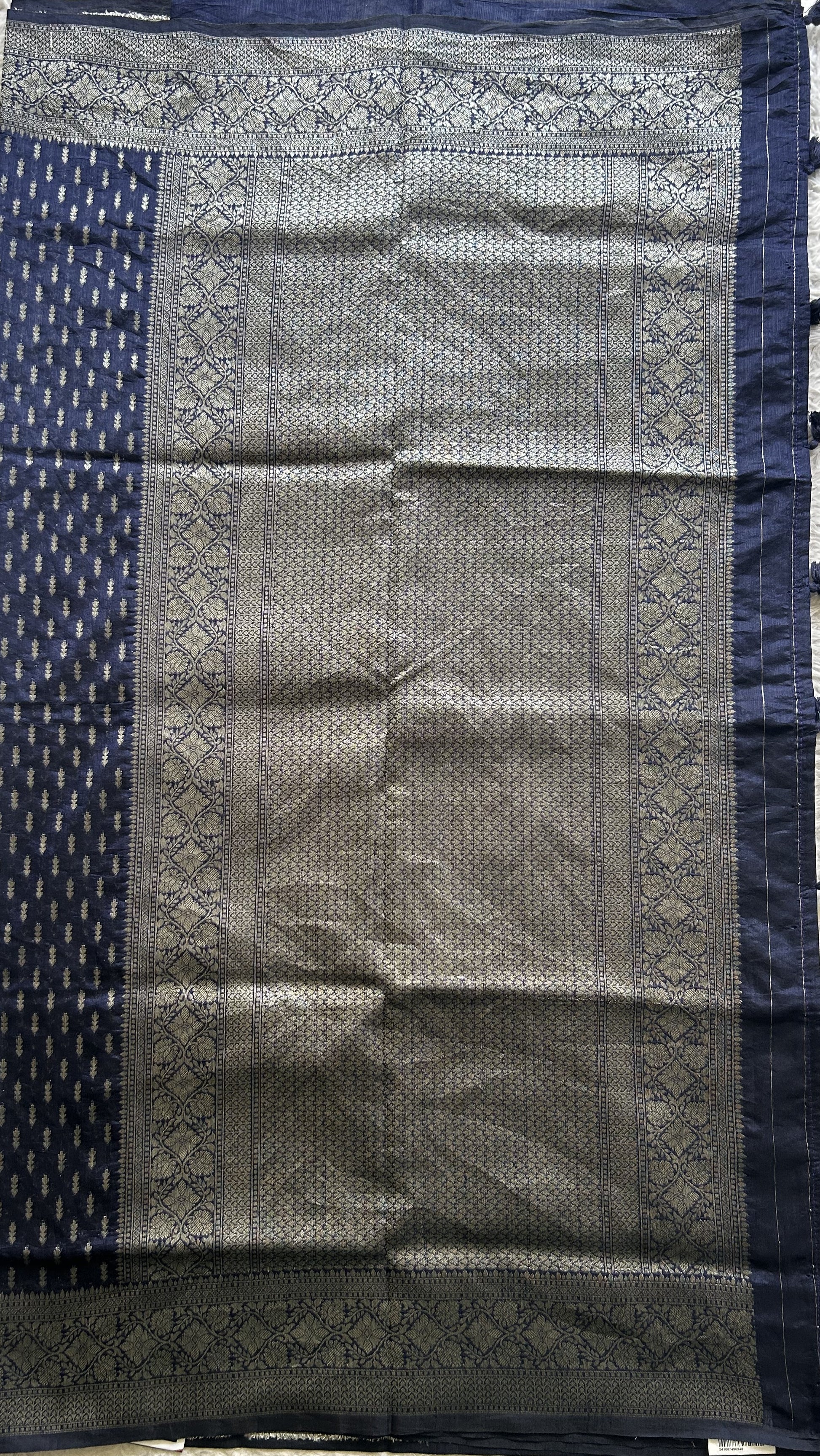 Semi Raw Silk Saree Ink Blue Colored Elegantly paired with a Silver Zari Border. - Sampradaya Designer Studio