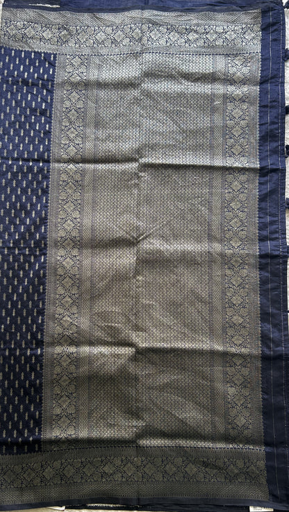 Semi Raw Silk Saree Ink Blue Colored Elegantly paired with a Silver Zari Border. - Sampradaya Designer Studio
