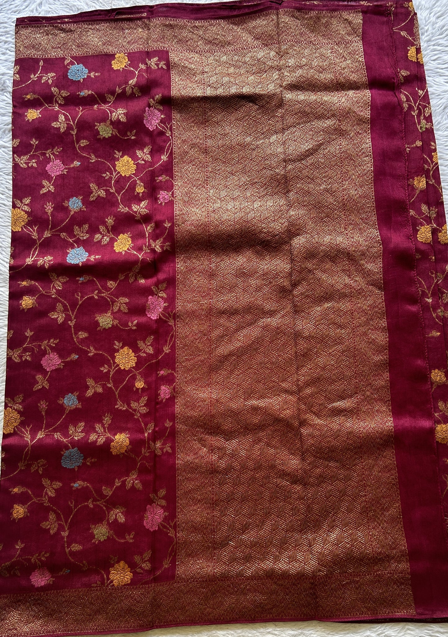 Banarasi Tussar Georgette Allover Saree Wine Colored Exquisite Zari Border. - Sampradaya Designer Studio